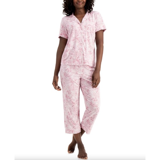  Womens Printed Capri Pants Pajama Set,  Pink, X-Small