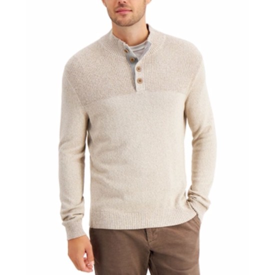 Men’s Button Mock Neck Sweater, Beige, Medium
