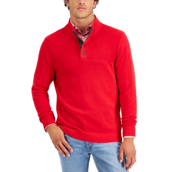  Men’s Button Mock Neck Sweater, Red, Medium