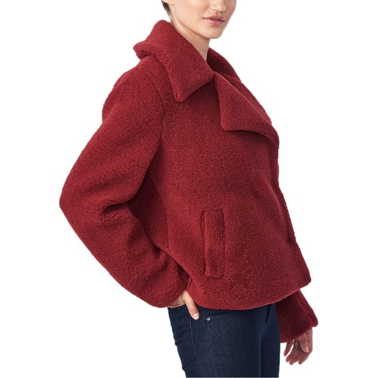  Juniors’ Faux-Fur Teddy Coat, Dark Red, XS