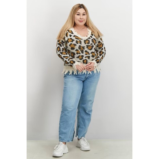 Full Circle Trends Plus Size Printed Ripped Sweat Taupe Leopard 3x