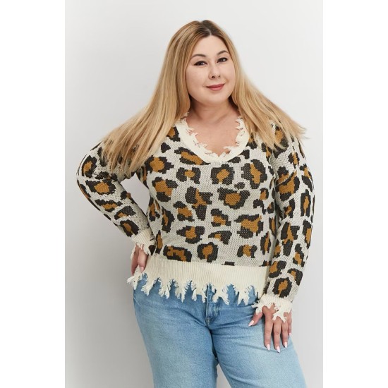 Full Circle Trends Plus Size Printed Ripped Sweat Taupe Leopard 3x