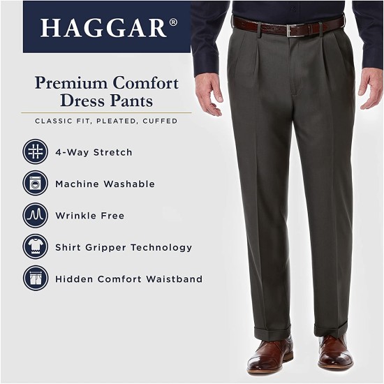  mens Premium Comfort Classic Fit Pleat Expandable Waist Dress Pants, Grey, 42W x 30L US