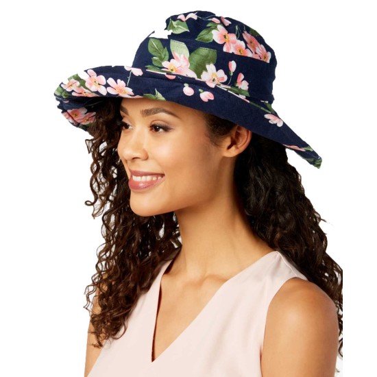  Floral-Print Floppy Hat (Navy)