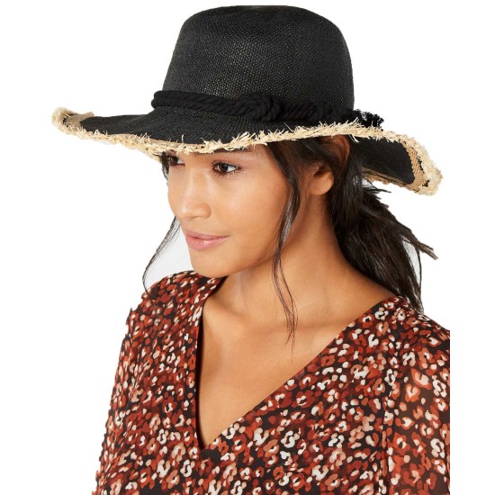  Women’s Twisted Straw & Rope Detail Floppy Hats, Black