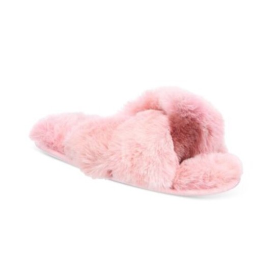  Women’s Faux-Fur Solid Crossband Slippers, Pink, Small (5-6)