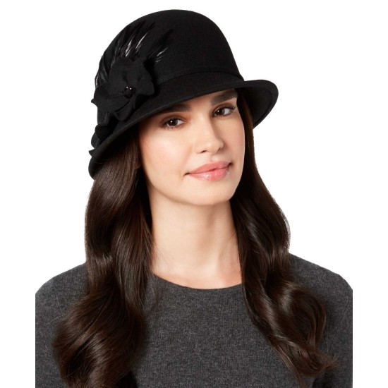  Flower-Embellished Wool Felt Cloche Hat (Black)