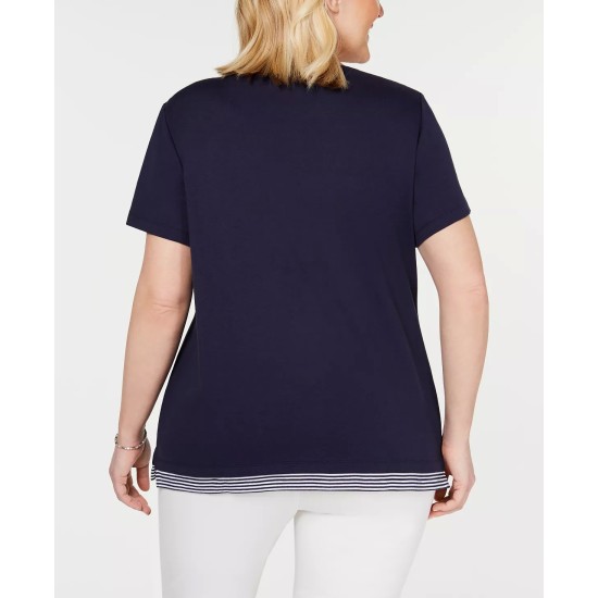  Plus Size Womens Printed Short Sleeve Scoop Neck T-Shirt  (Navy, 3X)