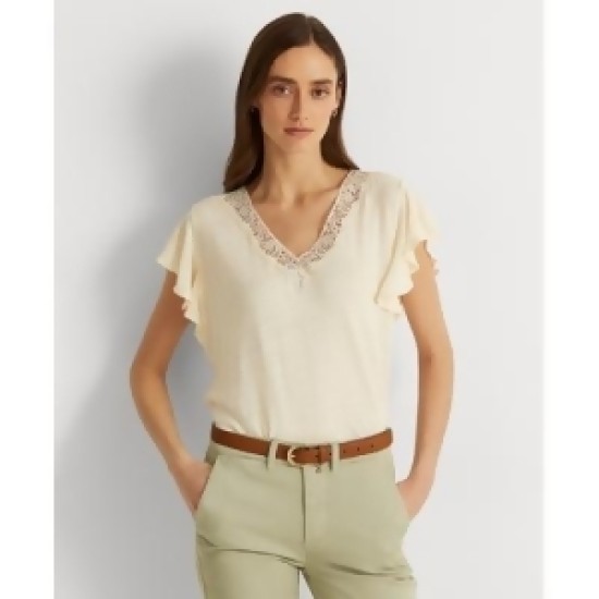 Lauren  Women’s Linen-Blend Jersey Flutter-Sleeve T-Shirt, Cream, Medium