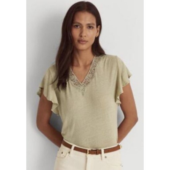  Women’s Linen-Blend Jersey Flutter-Sleeve T-Shirt, Sage, Small