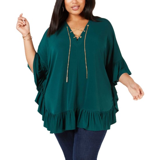  Plus Size Ruffled Lace-Up Top (Green, 0X)