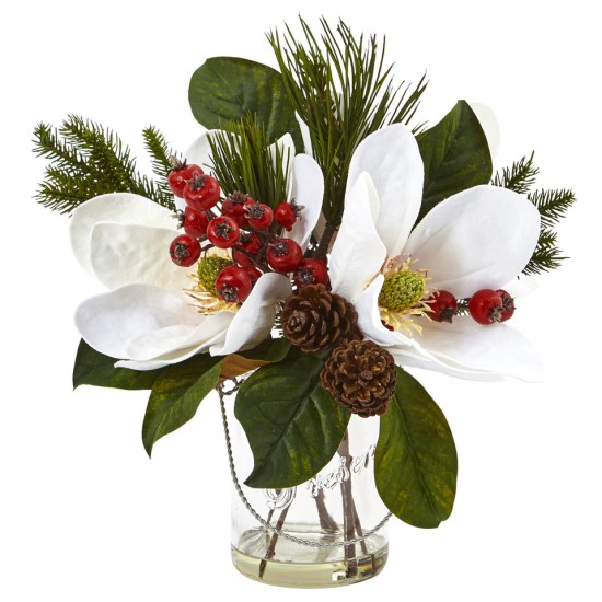   13” Magnolia and Pine with Berry Artificial Christmas Floral Arrangement in Glass Vase