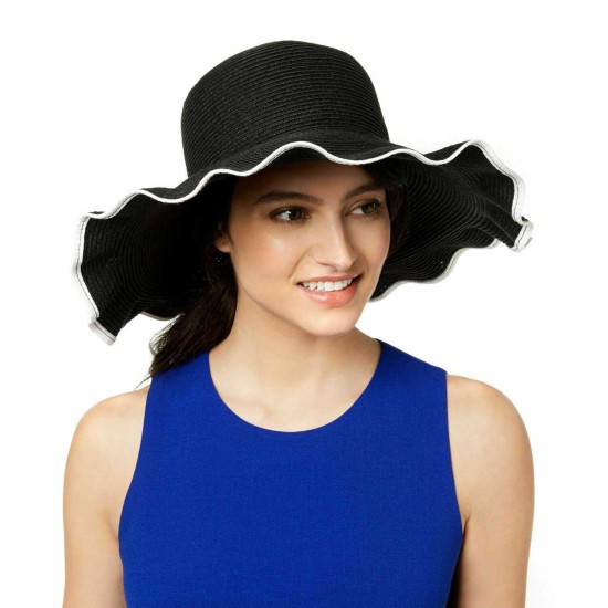  Women’s Packable Ruffle Floppy Sun Hat (Black, One Size)