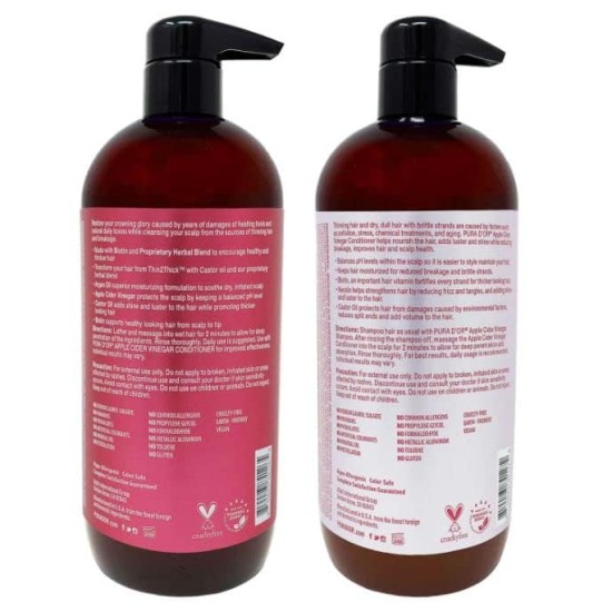 Pura d’Or Apple Cider Vinegar Thin2Thick Shampoo and Conditioner Set–24oz Each
