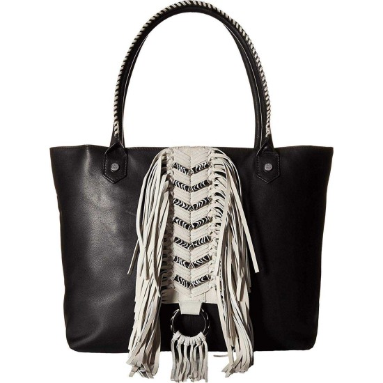  Womens Solana Leather Fringe Tote Handbag Black Large