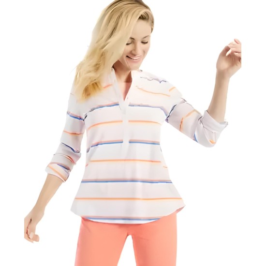 Style & Co Cotton Printed Roll-Tab-Sleeve Top, X-Small, Stripe Orchid