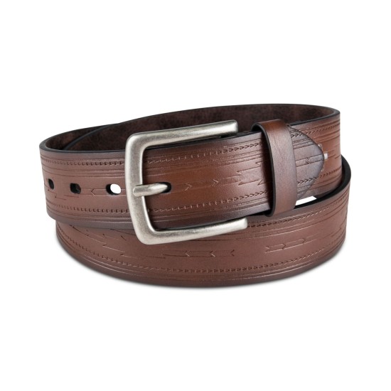  Men’s Faux-Leather Geo Embossed Belt, Brown, X-Large