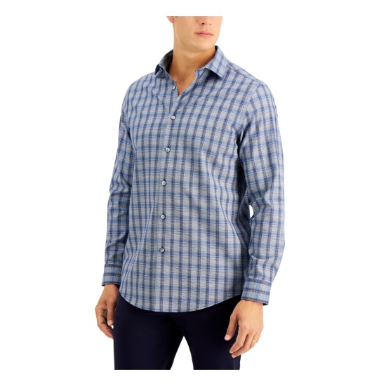  Mens Cotton Plaid Button-Down Shirt, Blue, Small