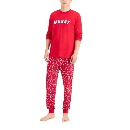  Matching Men's Merry Family Pajama Sets, Red, Small
