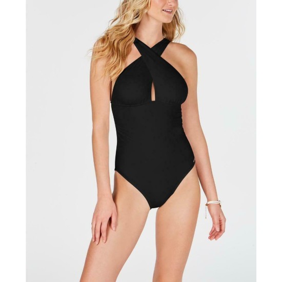  Solid Convertible Ruched One-Piece Swimsuit Women's Swimsuit, Black, 4