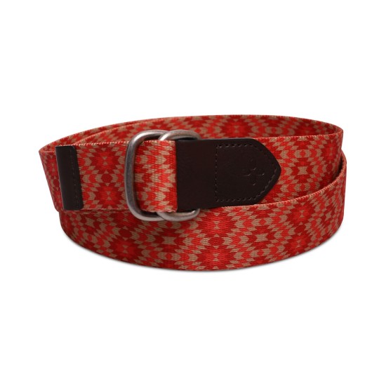  Men’s Geo D-Ring Web Belt with Faux-Leather Trim, Orange, Small