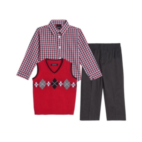 TFW Little Boys Argyle 3 Piece Sweater Set, Red/Charcoal, 5 Regular