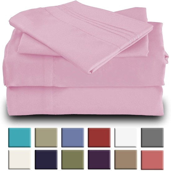  Wrinkle Free Sheet Sets with Deep Pockets & Stain Resistant, 4 pc, 1800 Thread Count Bamboo Based, Pink, King
