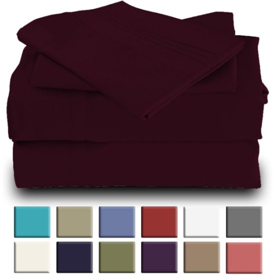  Wrinkle Free Sheet Sets with Deep Pockets & Stain Resistant, 4 pc, 1800 Thread Count Based, Eggplant, Split King