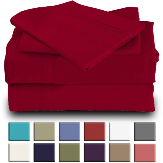  Wrinkle Free Sheet Sets with Deep Pockets & Stain Resistant, 4 pc, 1800 Thread Count Based, Red, Queen