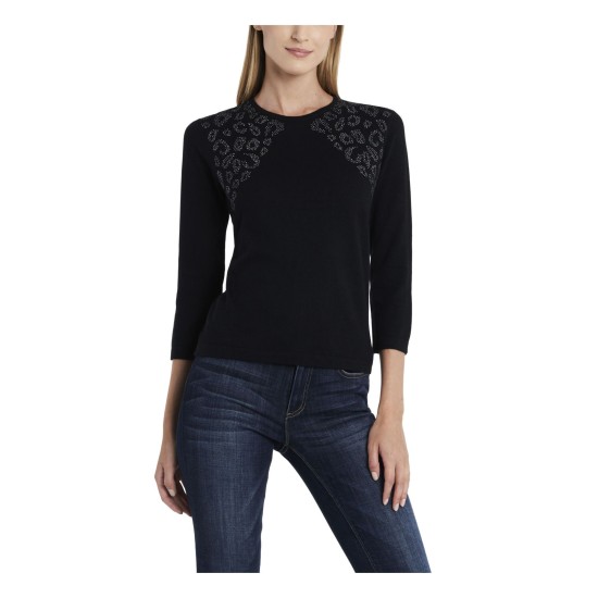  Women’s Studded Shoulder Sweater, Black, X-Small