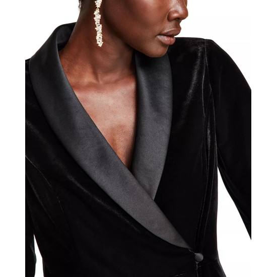  Women’s Satin-Collar Velvet Peplum Top, Black, Medium