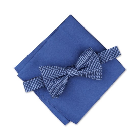  Men’s Mini Neat Pre-Tied Bow Tie & Solid Pocket Square Set, Navy