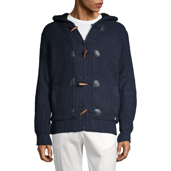  Men’s Faux Fur Toggle Sweater, Navy, Medium