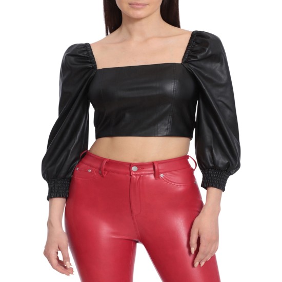  Women’s Faux-Leather Crop Top, Black, Large