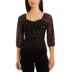  Juniors’ Floral Mesh Ruched-Front 3/4-Sleeve Top, Black, XL