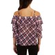  Juniors’ Printed Tiered-Sleeve Top, Red Plaid, XL