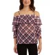  Juniors’ Printed Tiered-Sleeve Top, Red Plaid, XL