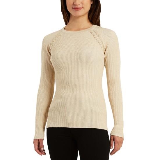  Juniors’ Ribbed Braided-Shoulder Metallic-Threaded Sweater, Gold Ivory, XS