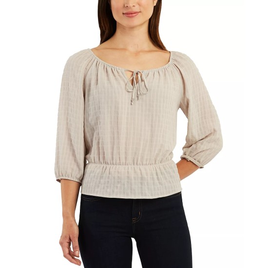  Juniors’ Textured Peasant Peplum Top, Sand, XL