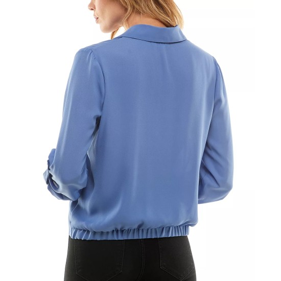  Juniors’ Tie-Hem Button-Front Roll-Tab-Sleeve Top, Blue, Small