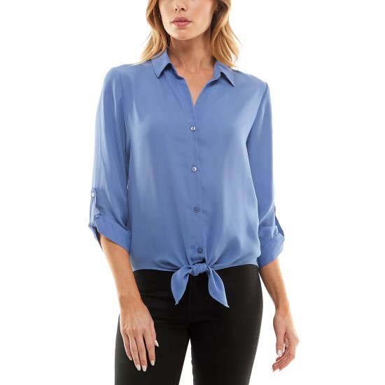  Juniors’ Tie-Hem Button-Front Roll-Tab-Sleeve Top, Blue, Small
