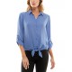  Juniors’ Tie-Hem Button-Front Roll-Tab-Sleeve Top, Blue, Small