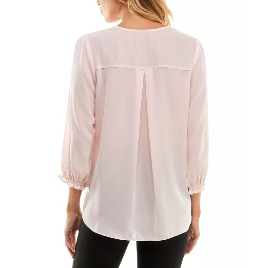  Juniors’ Woven Faux-Wrap 3/4-Ruffle-Trim-Sleeve Top, Blush, Large