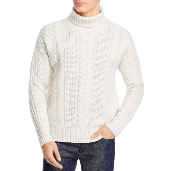  Mens Nannos Cable Knit Turtle Neck Wool Sweater, White, Medium
