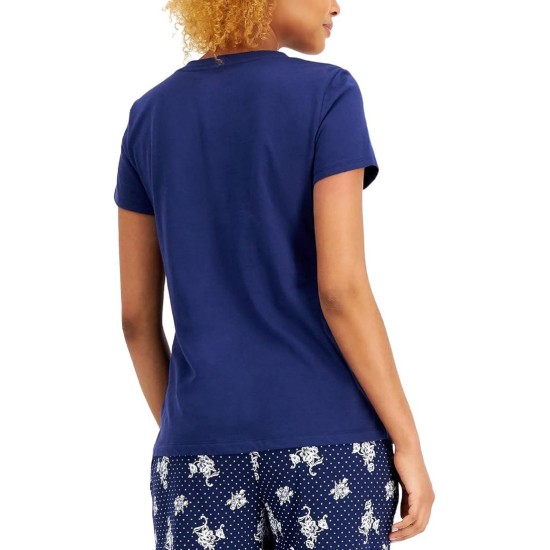  Womens Everyday Cotton V-Neck Pajama T-Shirt, Navy, Small