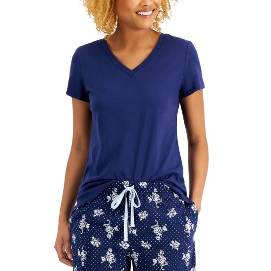  Womens Everyday Cotton V-Neck Pajama T-Shirt, Navy, Small
