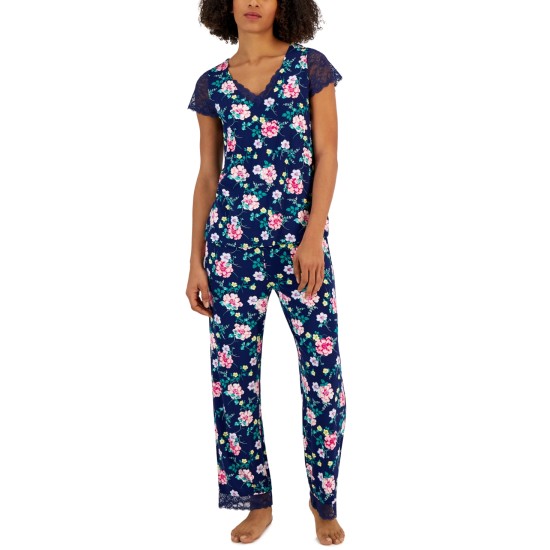  Women’s Lace-Trim Printed Pajama Set, Navy, X-Small