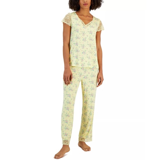  Women’s Lace-Trim Printed Pajama Set, Yellow, X-Small