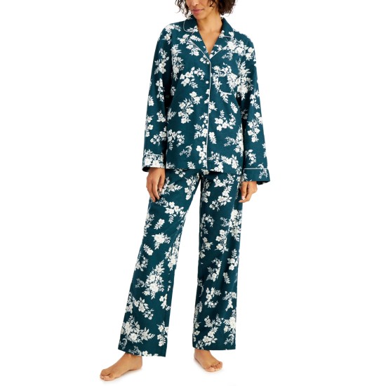 Womens Printed 100% Cotton Flannel Pajama Set,  Green, Large