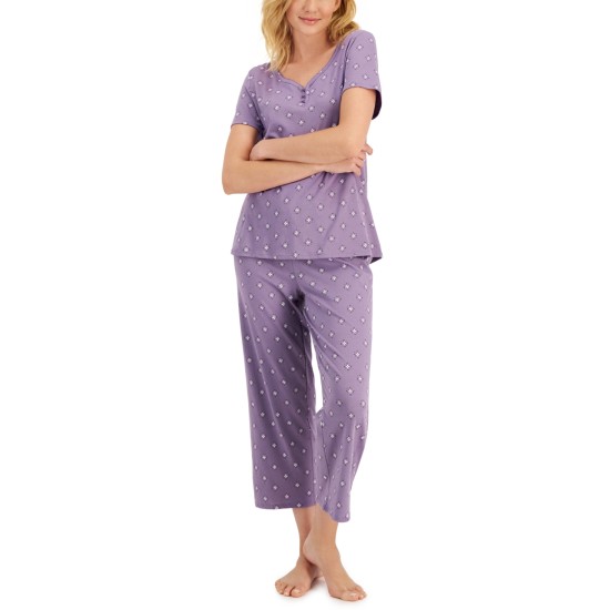  Womens Short Sleeve Cotton Essentials Printed Capri Pajama Set, Purple, X-Small